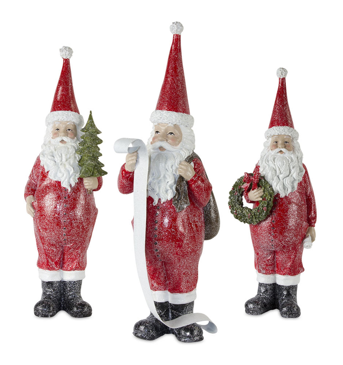 Santa resin figurine with red suit, white beard, black hat, standing pose.