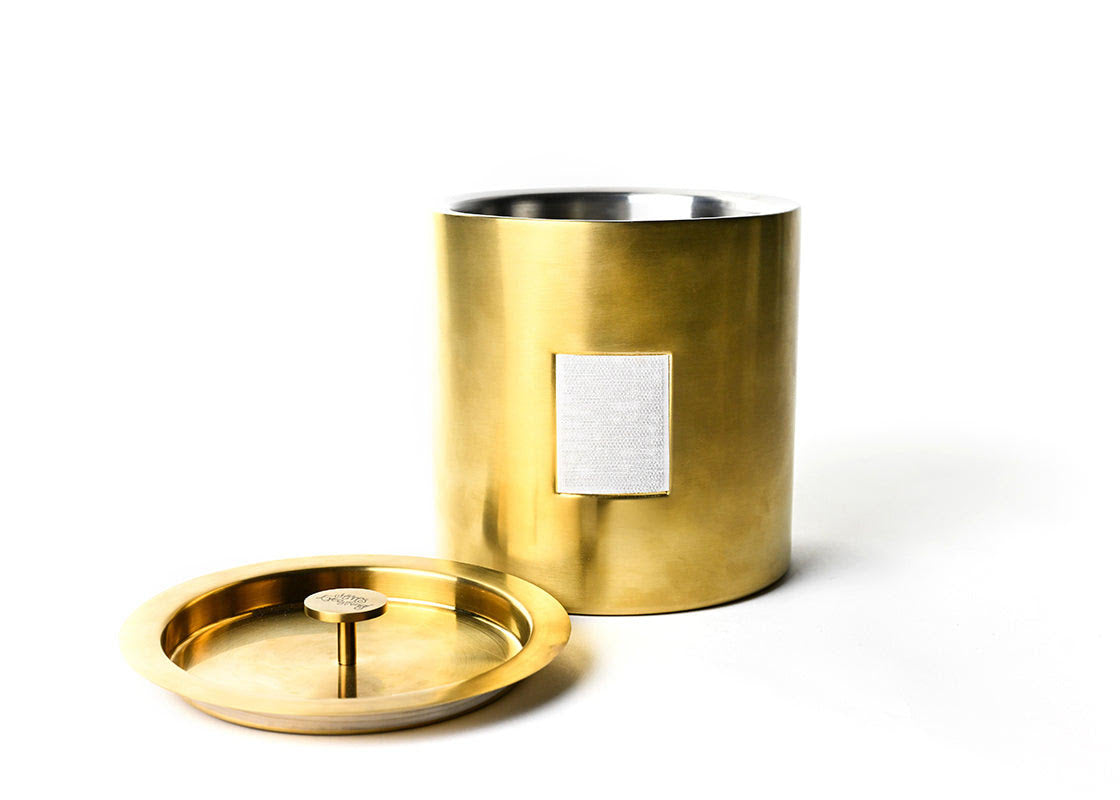 Brushed gold double-walled stainless steel mini ice bucket with disk knob lid.