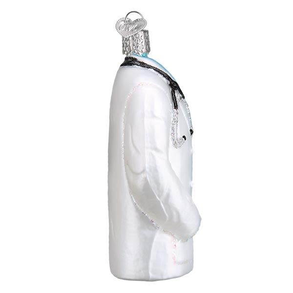 Metal doctor coat ornament shaped like a white lab coat with stethoscope detail.