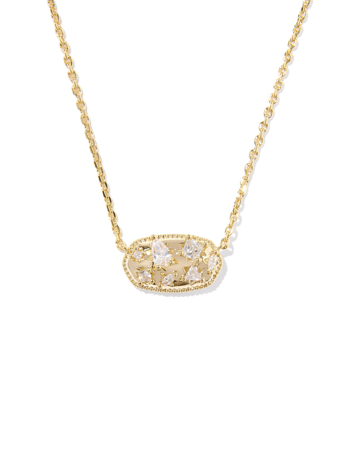 Holland Crystal short pendant necklace with a dangling cubic zirconia stone on a delicate chain.