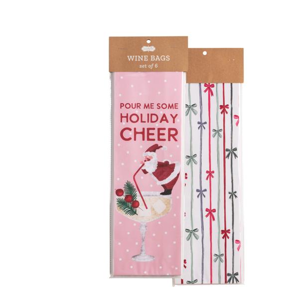 Set of six Christmas paper wine bags featuring a pink Santa design and a festive bow pattern.