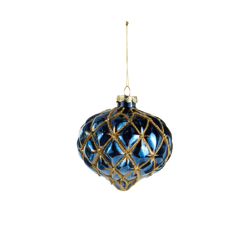 4-inch blue glass harlequin ornament with gold glitter lattice pattern and hanging string.