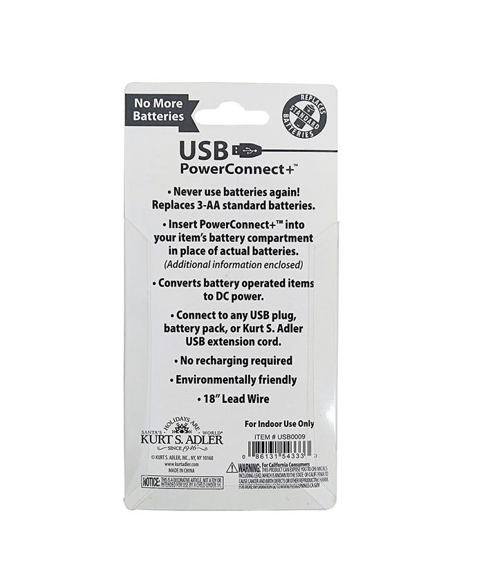 Back of packaging for a USB PowerConnect+ 3 AA battery converter with product details and barcode.