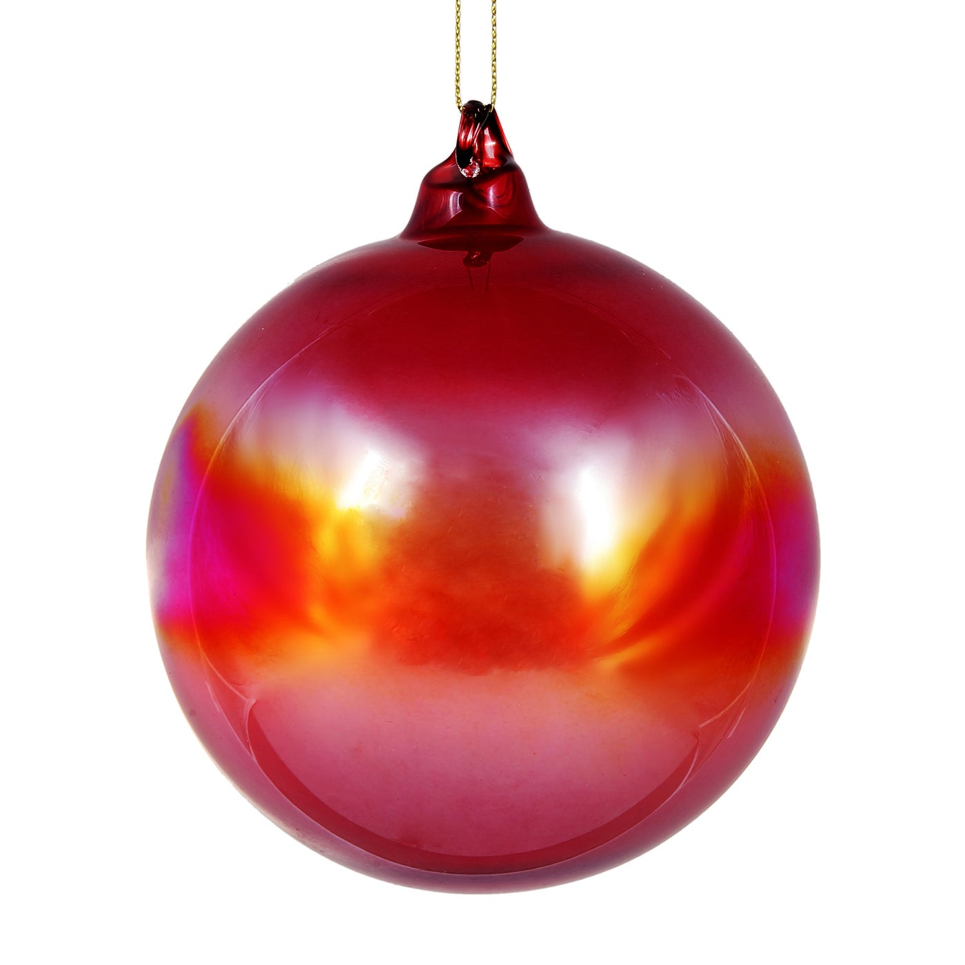 120mm red and orange iridescent glass bottle ball ornament with a gold hanging string.