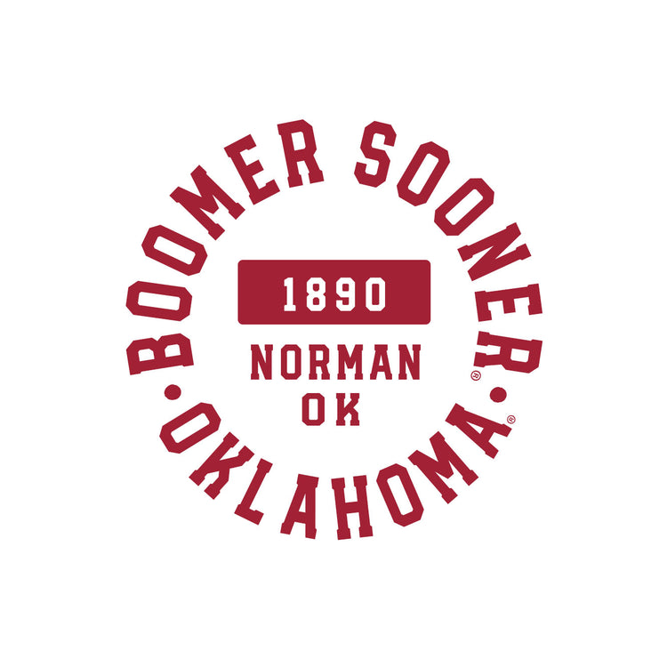 Crimson Boomer Sooner Oklahoma circle logo with 1890 Norman OK text on a white background.