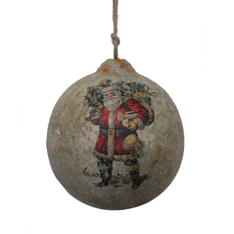 Vintage-style 6-inch ball ornament featuring a classic Santa Claus carrying a sack of gifts.