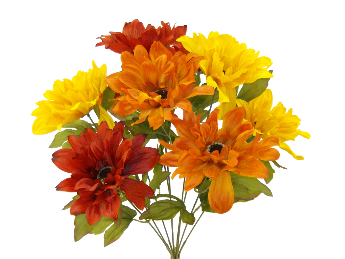 A bouquet of artificial mum flowers in red, orange, and yellow.