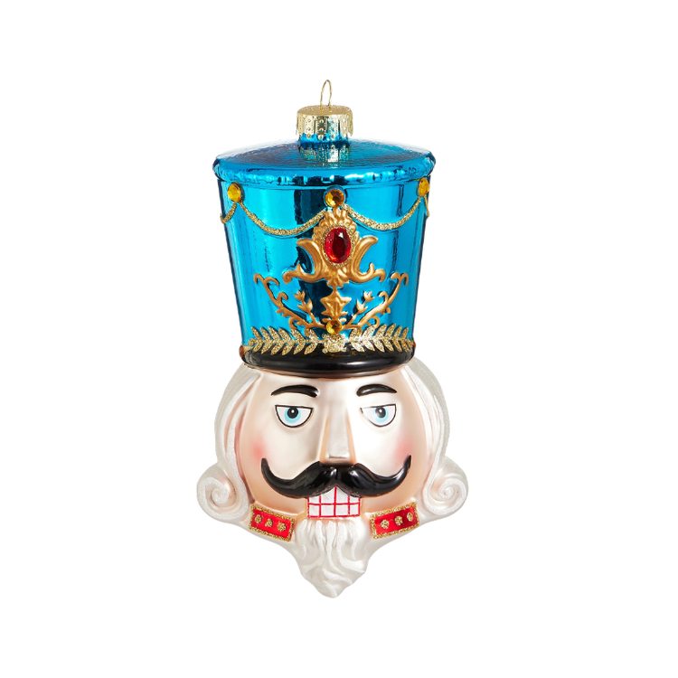 7.25-inch glass nutcracker head ornament with a blue hat, gold accents, and a white beard.
