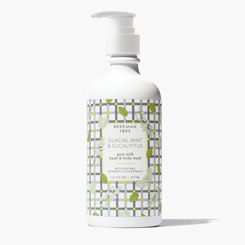 Beekman 1802 Glacial Mint & Eucalyptus hand and body wash in a white pump bottle with plaid label.
