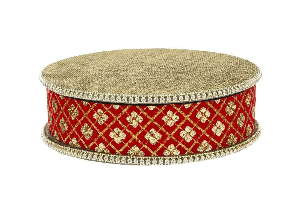 10.25-inch rotating base with a gold fabric top and red velvet sides featuring gold embroidery.