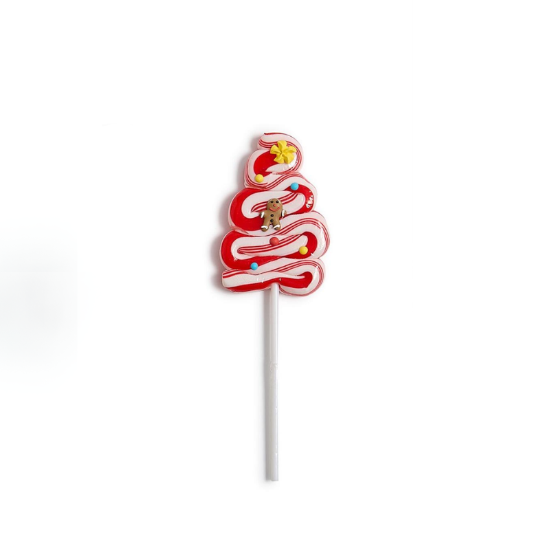 Peppermint Christmas tree swirl lollipop with red and white stripes and icing decorations.