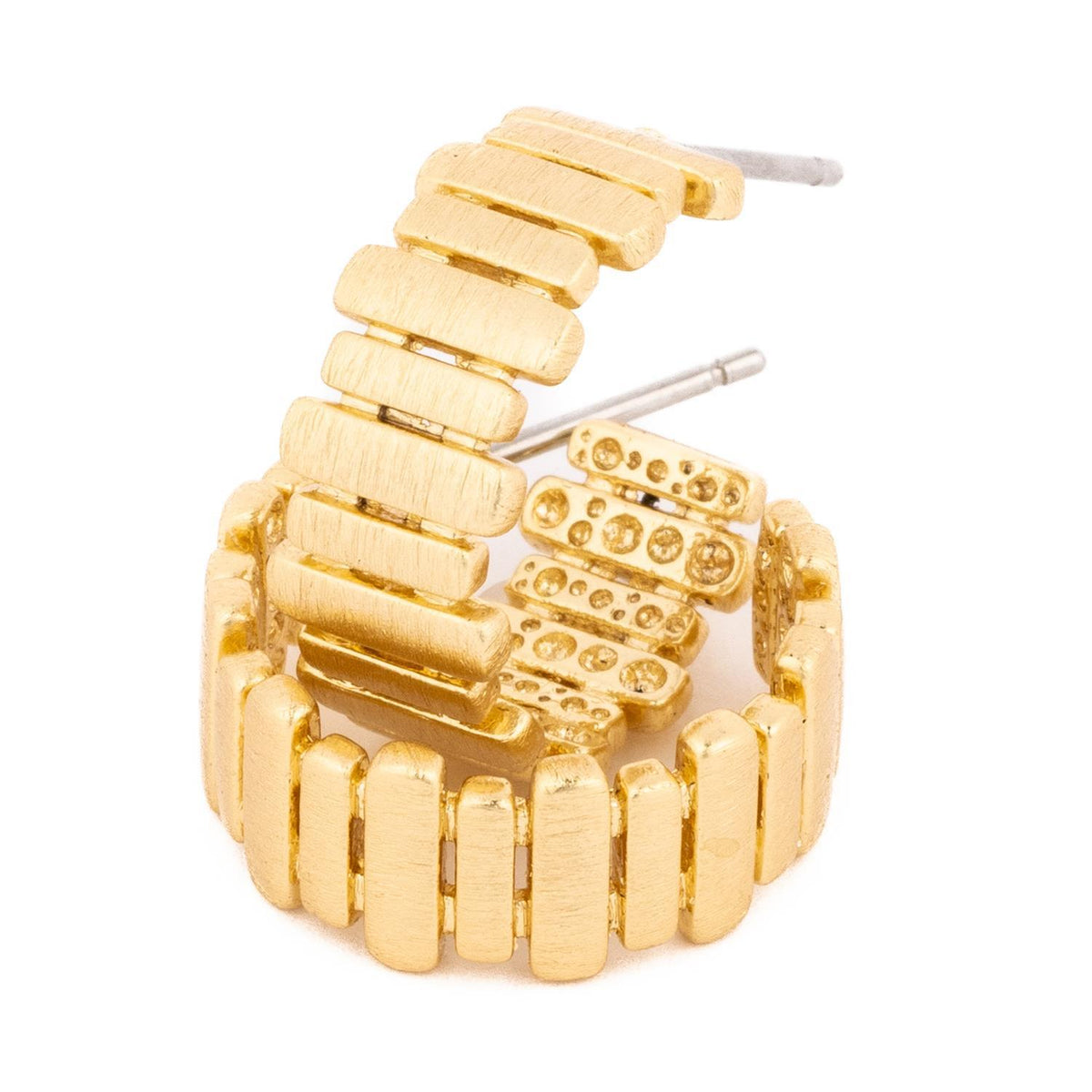 Gold-toned earrings with a segmented, brushed metal design and a curved silhouette.