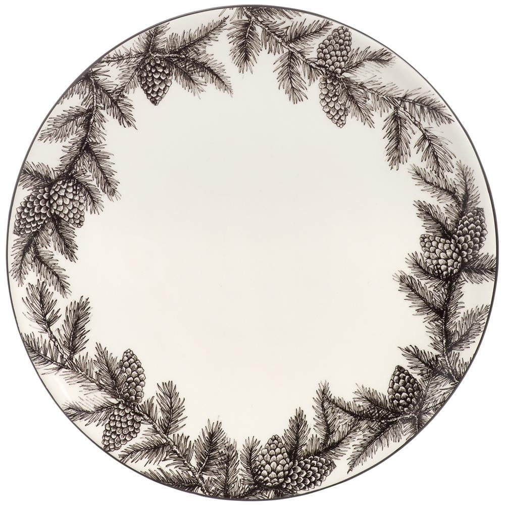 10-inch white ceramic plate with a black sketch-style pine cone and pine needle border.