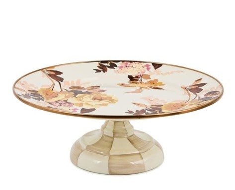 Wild Rose White Small Pedestal Platter with floral patterns and a checkered base.