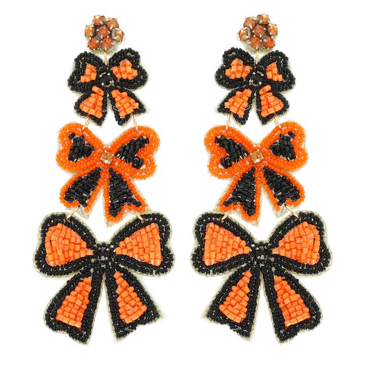 Striped bow ribbon beaded earrings in vibrant colors with delicate beads.