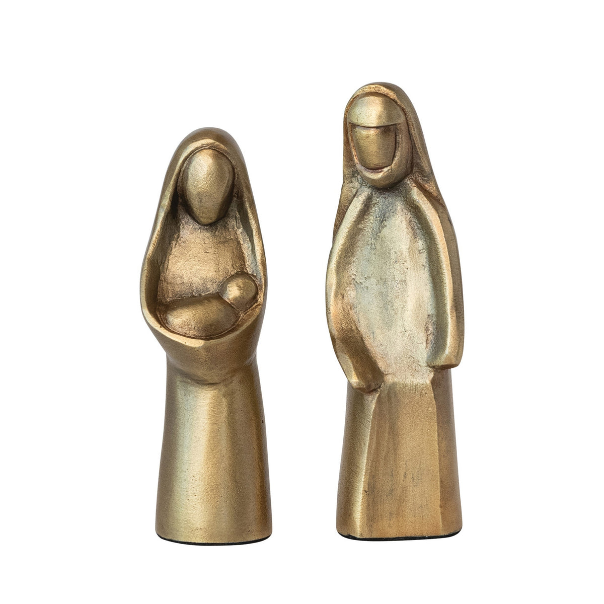 Set of 2 cast aluminum Holy Family figurines with an antique gold finish.