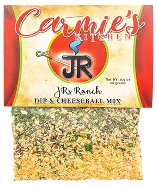 Carmie's Kitchen JR's Ranch Dip & Cheeseball Mix packet showing dried herbs and seasoning.