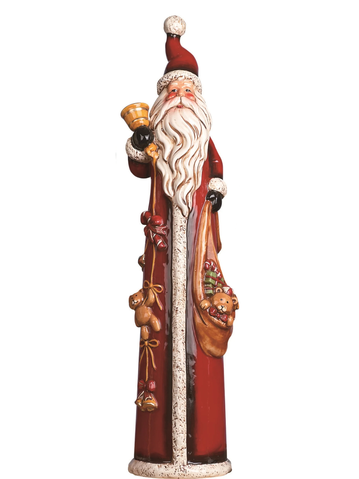 Tall red dolomite Santa figurine holding a bell and a sack of toys with a long white beard.