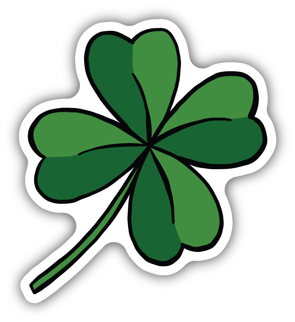 Green four-leaf clover sticker with a black outline and white border.