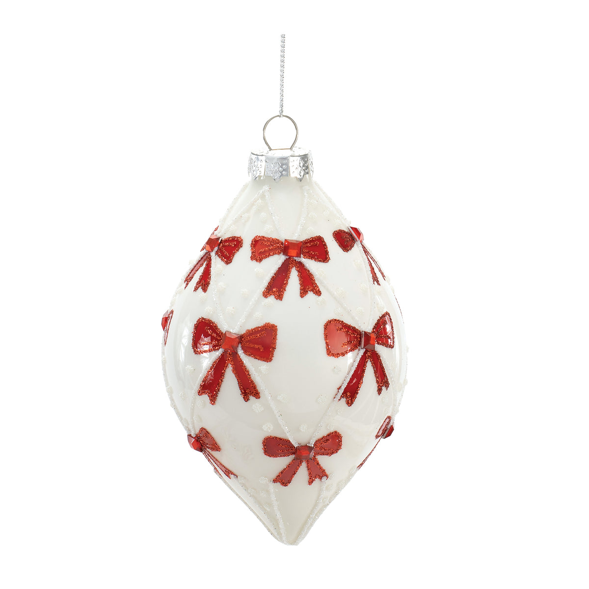 White teardrop-shaped glass Christmas ornament decorated with red glittery bows and white lattice.