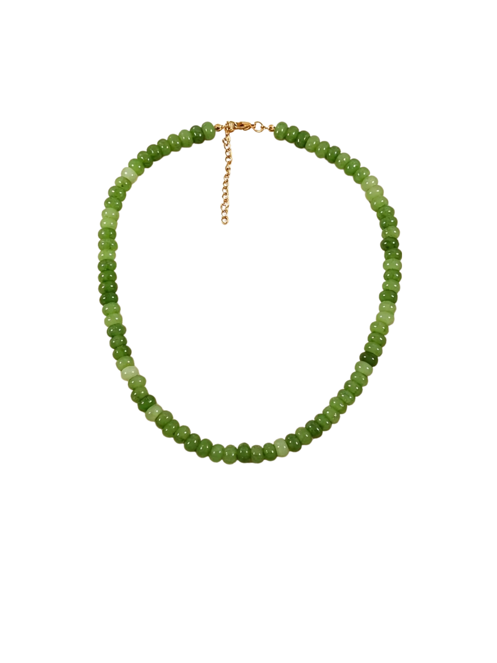 Glass beaded necklace with glossy green beads and a gold-toned lobster clasp and extender chain.