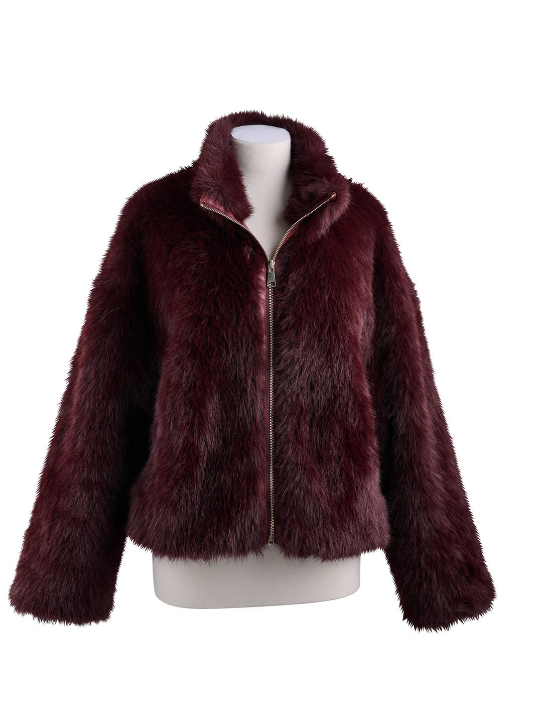 Burgundy faux fur jacket with a gold-tone zipper closure and vegan leather trim on a mannequin.