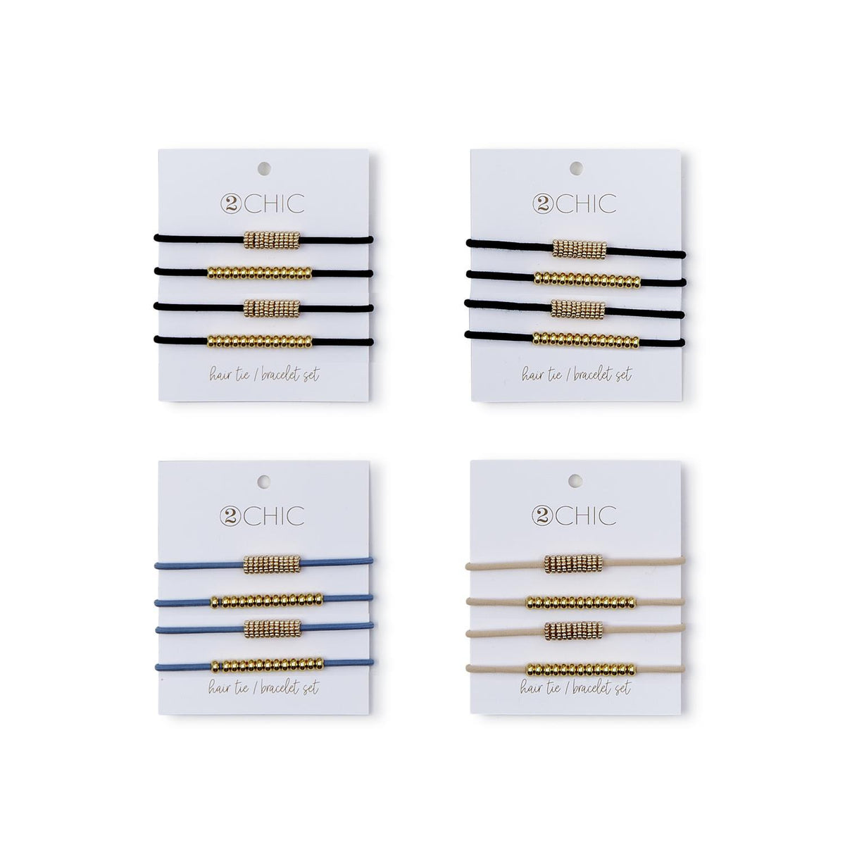 Four sets of Gold Rush elastic hair tie bracelets in black, blue, and tan with gold bead accents.