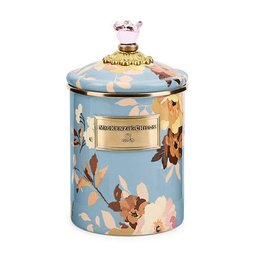 Medium Wild Rose slate canister with hand-glazed steel body, bronzed stainless rim, brass accents, and glass lid.