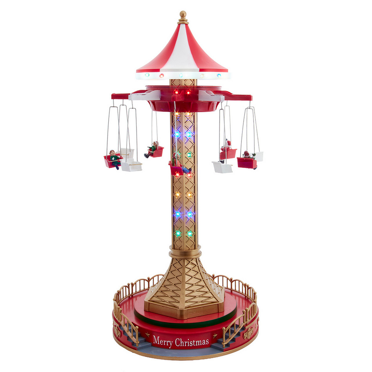 20.5-inch musical moving LED drop tower with five figures on a red and gold base.