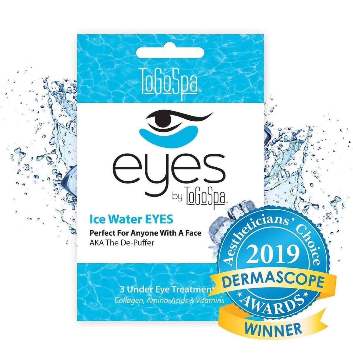 Ice Water Eyes by ToGoSpa under eye treatment pack with 3 treatments and 2019 award seal.
