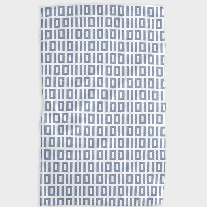 Recycled polyester waffle weave tea towel with single-sided print.