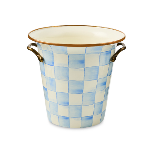 Hand-glazed steel wine cooler with Sky Blue Check pattern, bronzed stainless rim, and antiqued brass handles.