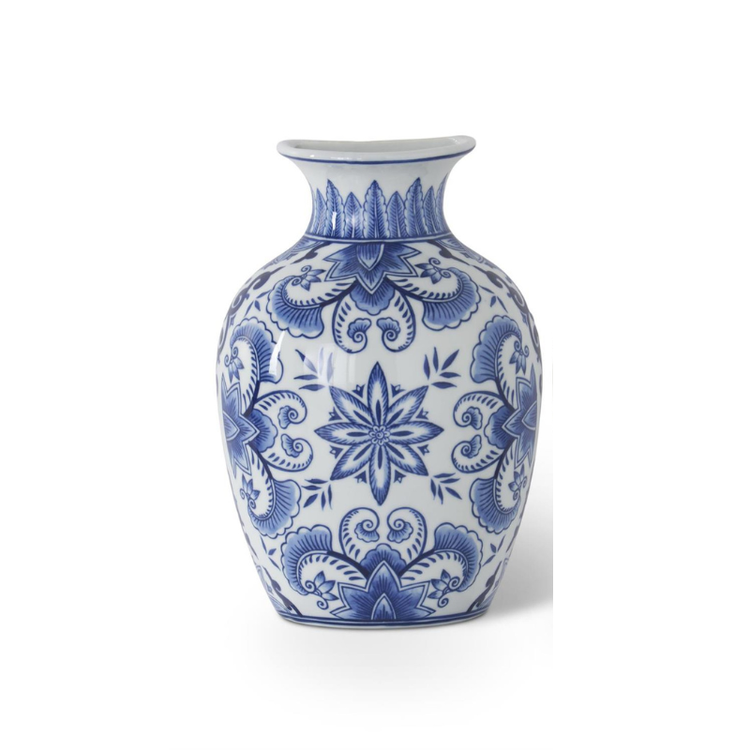 Porcelain blue and white chinoiserie wall vase with floral patterns and a flat back.