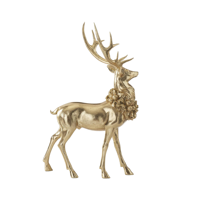 Gold standing resin deer figurine with large antlers and a decorative holiday wreath around its neck