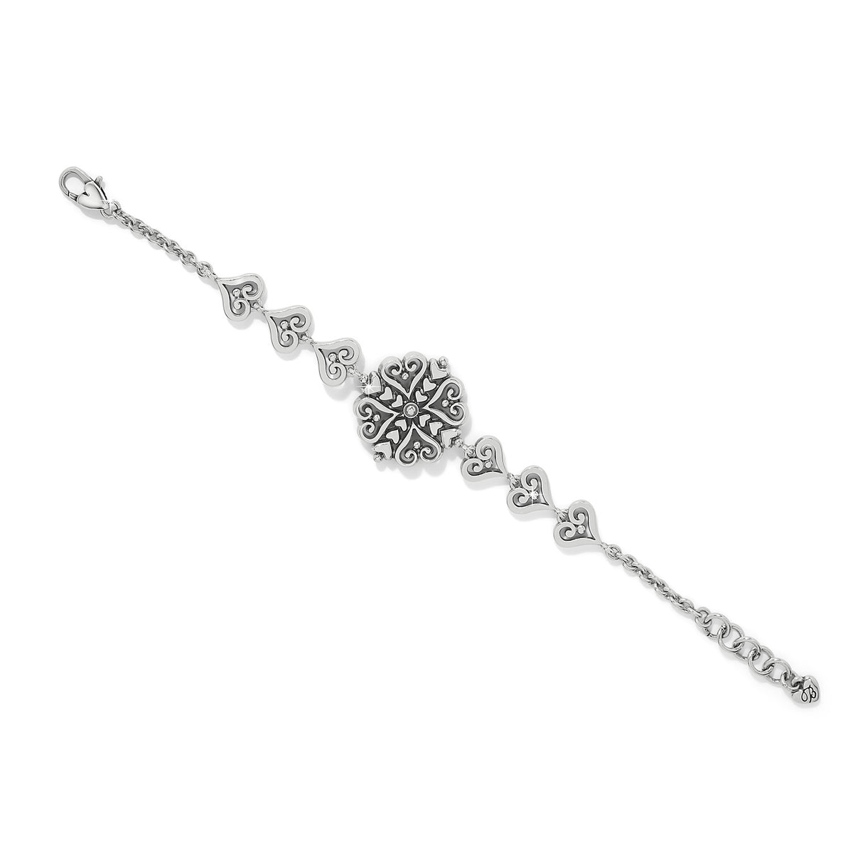 Two-tone silver and gold adjustable lobster claw bracelet featuring fine quality crystal heart links.