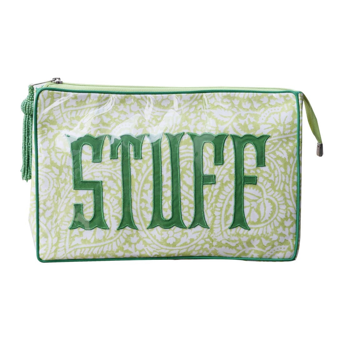 Lime green cosmetic bag with a white floral pattern and the word STUFF in green embroidered letters.