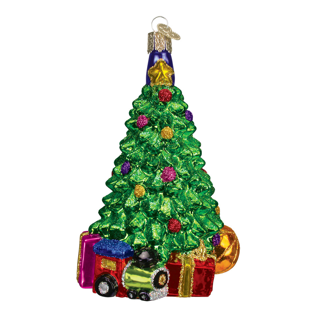 Glass Christmas tree ornament with colorful glitter ornaments, a toy train, and gifts at the base.