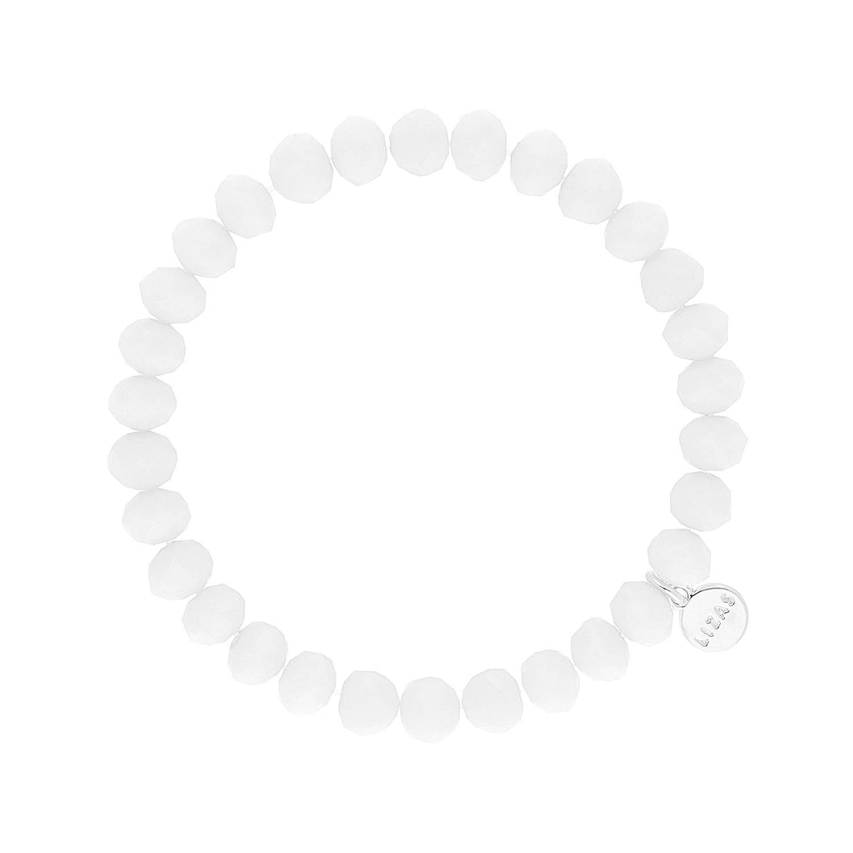 Stretchy bracelet with faceted glass beads in a colorful beaded pattern.