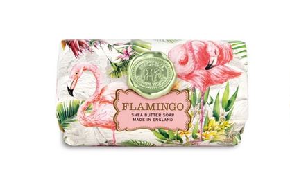 Large rectangular shea butter soap bar with a pink flamingo and tropical leaf pattern.