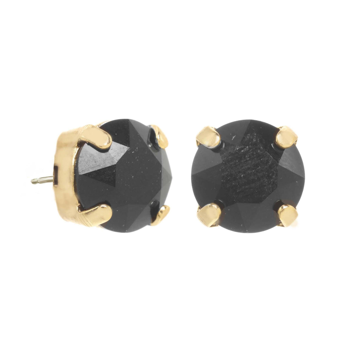 Oakland stud earrings with antique gold plated brass base and 8mm crystals in jet color.