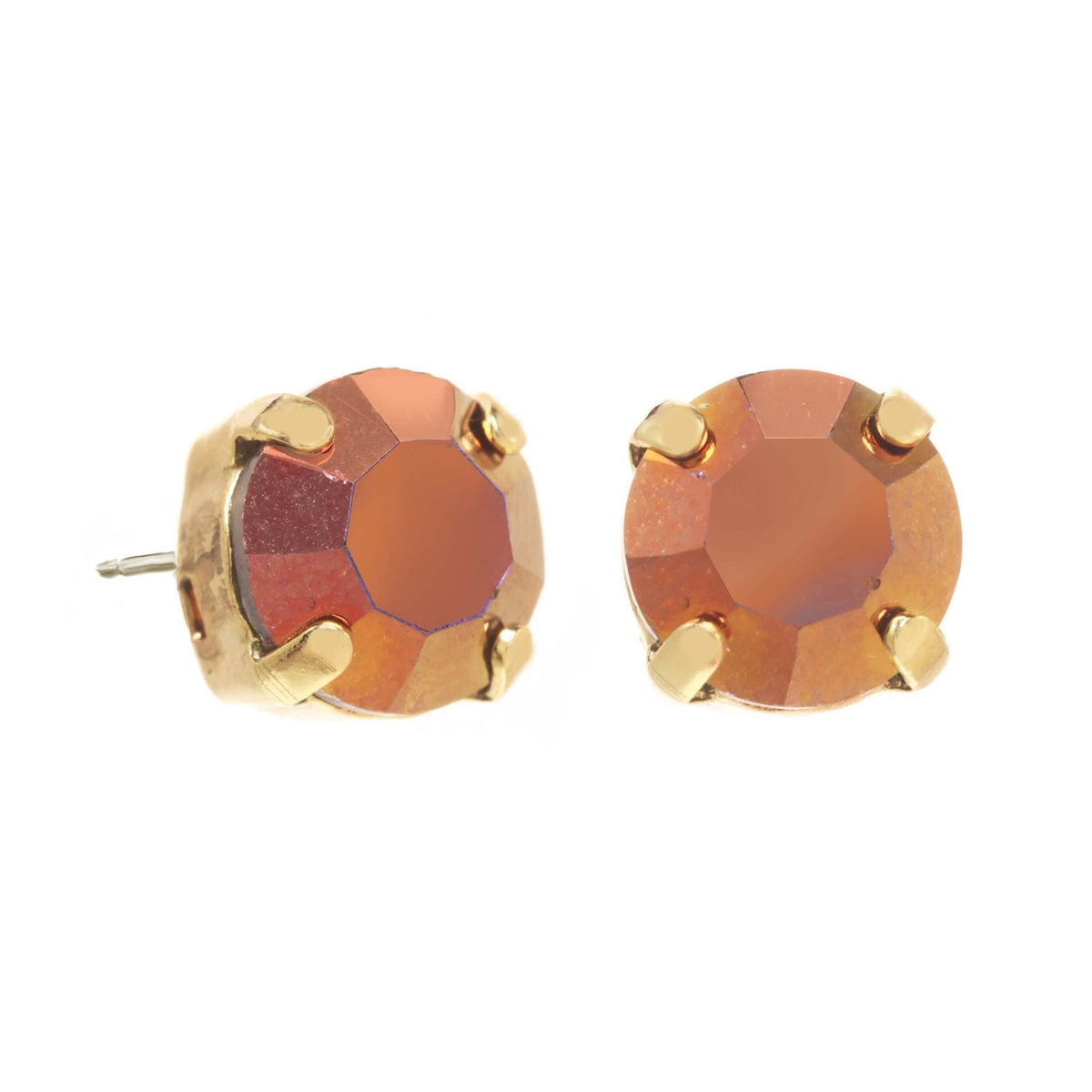 Oakland stud earrings with antique gold plated brass base and eight millimeter crystals in lava color.