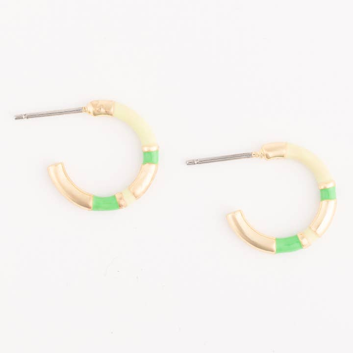 Layne Green hoop earrings with gold, cream, and green enamel sections.