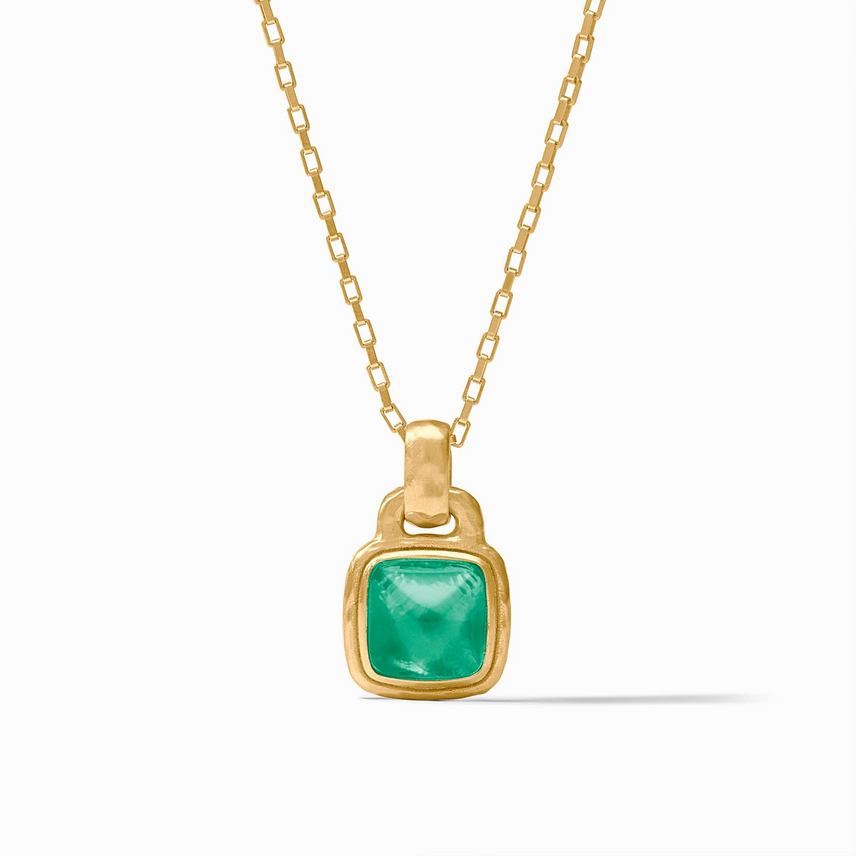 Sahara Solitaire Necklace with a green glass pendant in a 24K gold plate square setting.