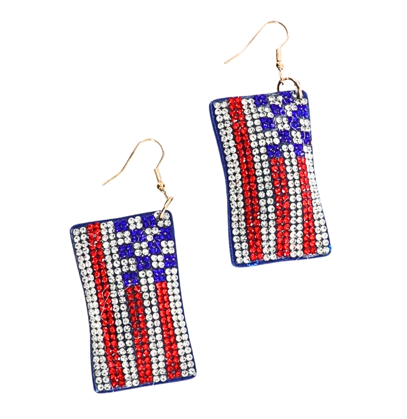 American Flag Puffy Rectangle Earrings with red, white, and blue rhinestones for pierced ears.