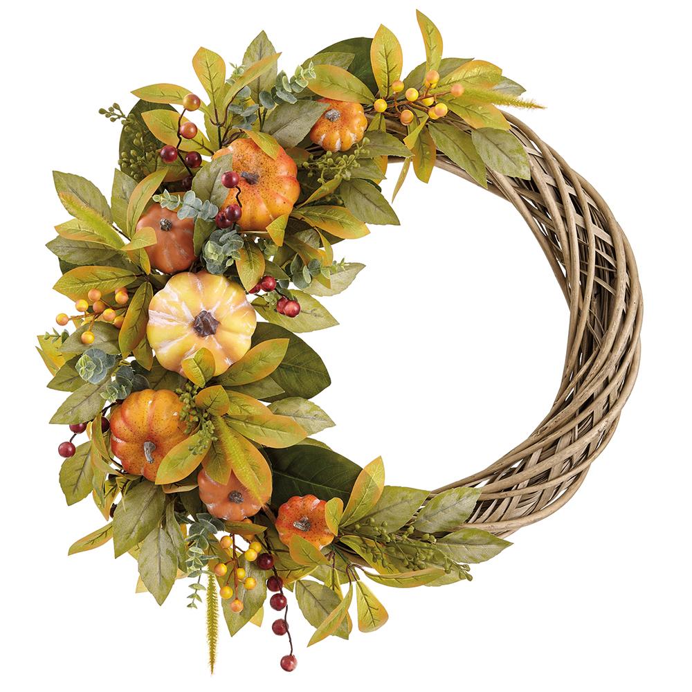 24-inch half wreath with orange pumpkins, green leaves, and berries on a rustic wicker base.