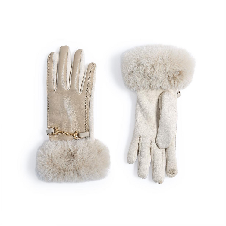 Beige vegan leather gloves with faux fur cuffs, gold metal hardware, and touchscreen fingertips.