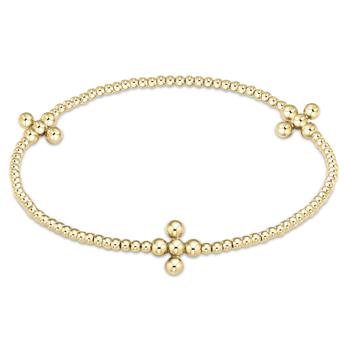 Gold-filled 2.5mm beaded bracelet with three signature cross patterns on a stretch elastic band.
