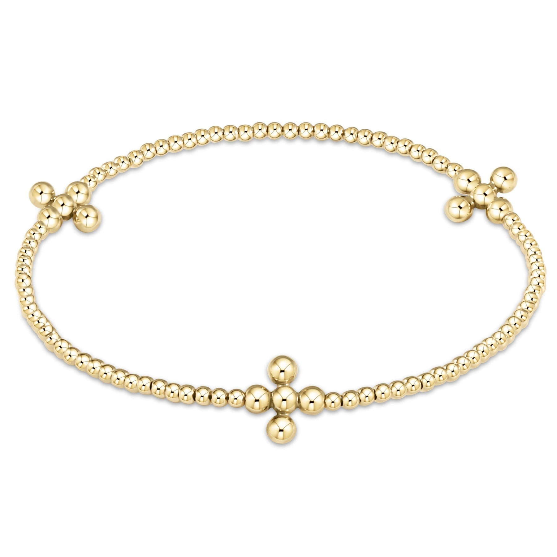 Gold-filled 2.5mm beaded bracelet with three signature cross patterns on a stretch elastic band.