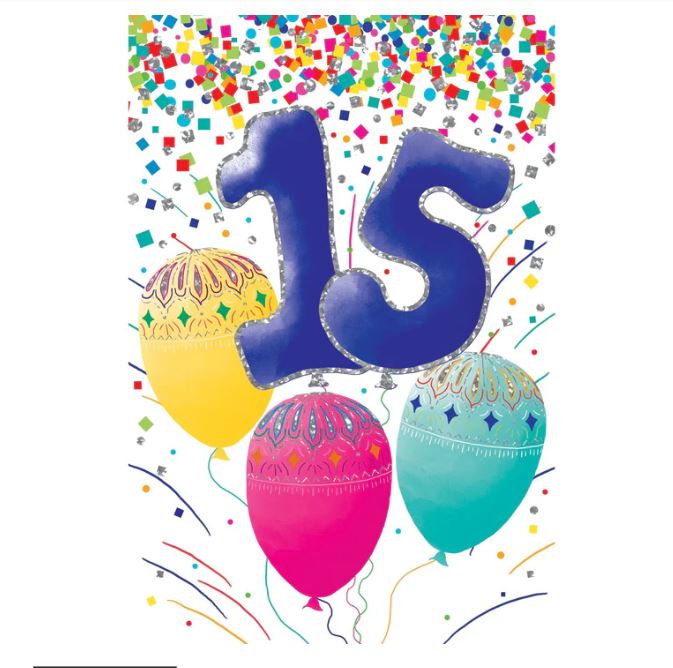 15th birthday card featuring large blue foil numbers and three colorful patterned balloons.