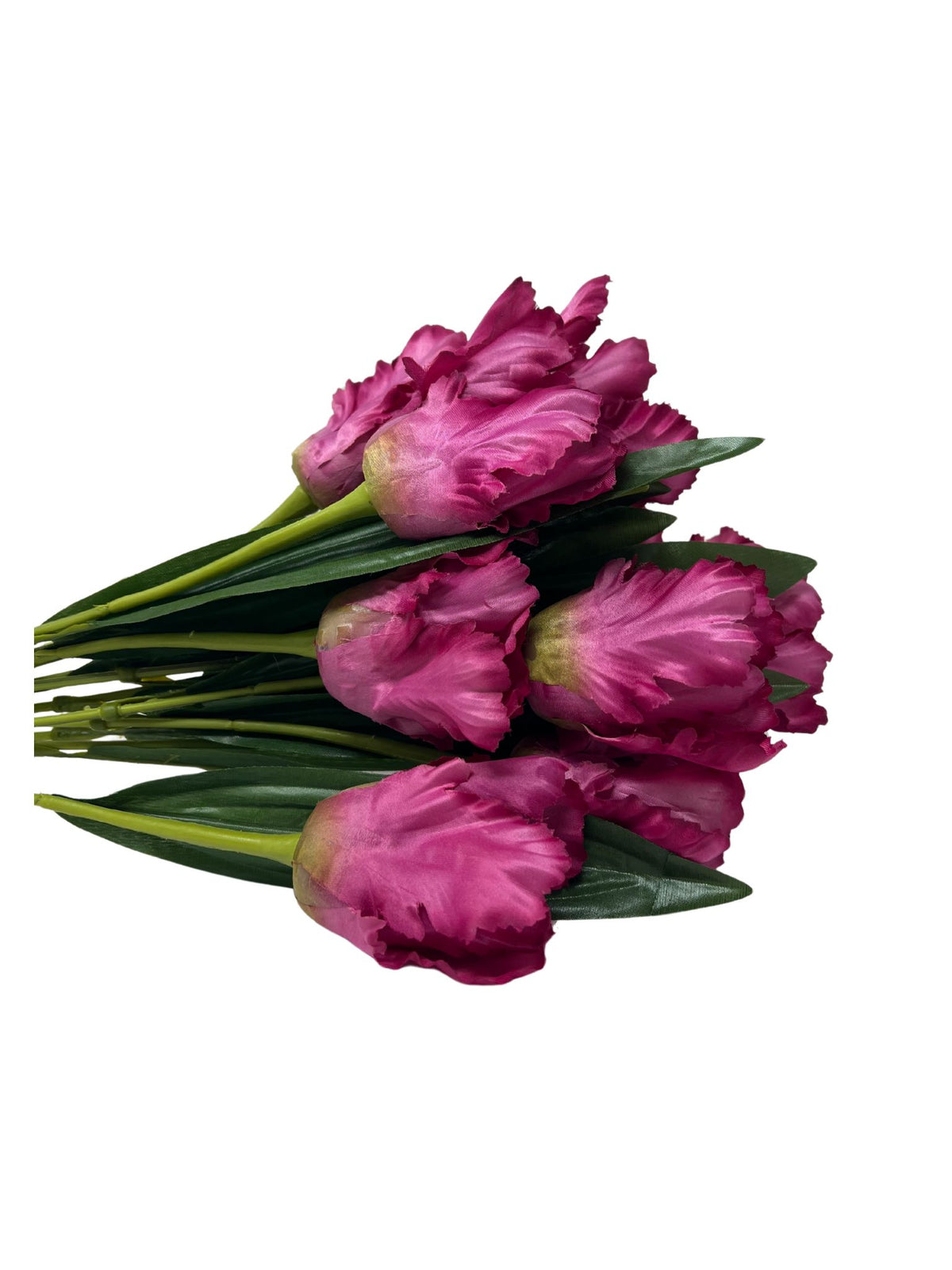 A bouquet of artificial pink tulips with green leaves and stems.